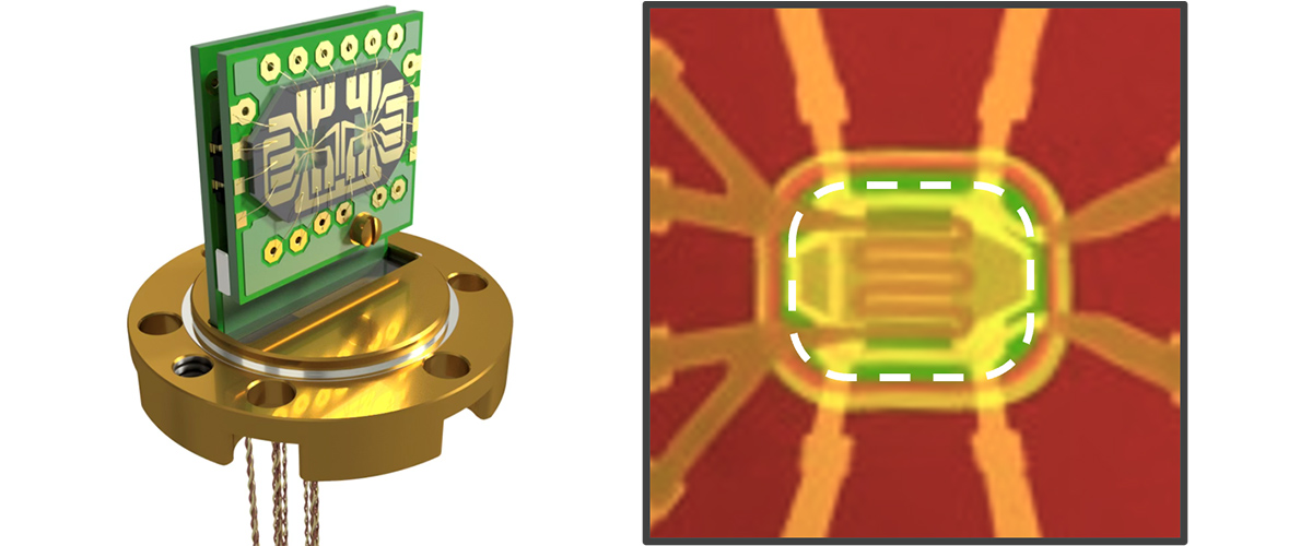 Vacuum cell containing the custom-built nanocalorimeter (left) and a magnified view of the lithographically patterned sensor (right). 