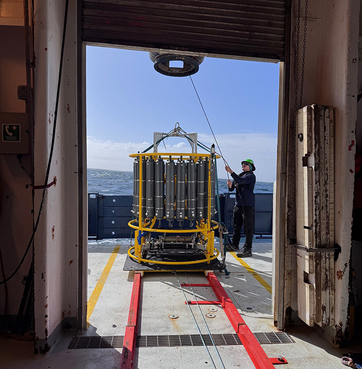 The CTD rosette being deployed from the ship