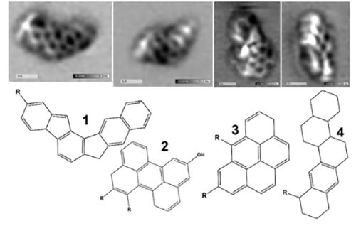Images of meteorite molecules with their corresponding chemical diagrams.