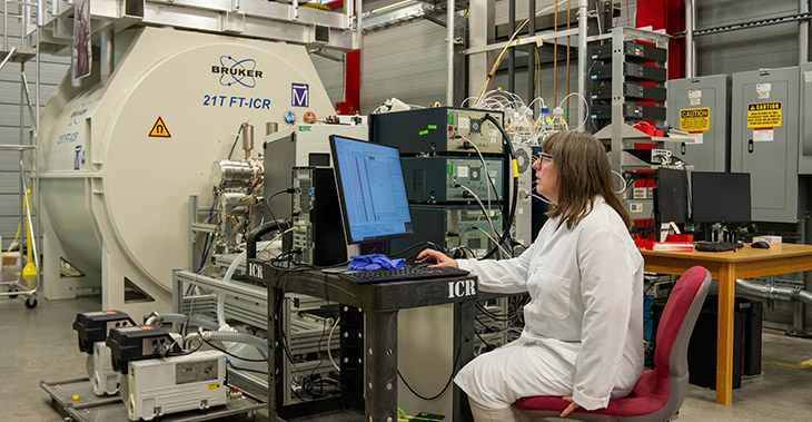 Kicki Hakansson at the MagLab’s 21-tesla ICR mass spectrometer, one of the systems that will be used in the drug discovery initiative.