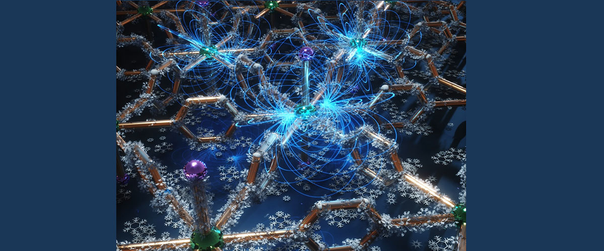 Illustration of the triangular Eu0.9Ba0.1I2(pyrazine)3 network and the magnetic fields (blue lines) produced by the EuII ions (green spheres) that are essential to the refrigeration process.