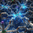 Illustration of the triangular Eu0.9Ba0.1I2(pyrazine)3 network and the magnetic fields (blue lines) produced by the EuII ions (green spheres) that are essential to the refrigeration process.
