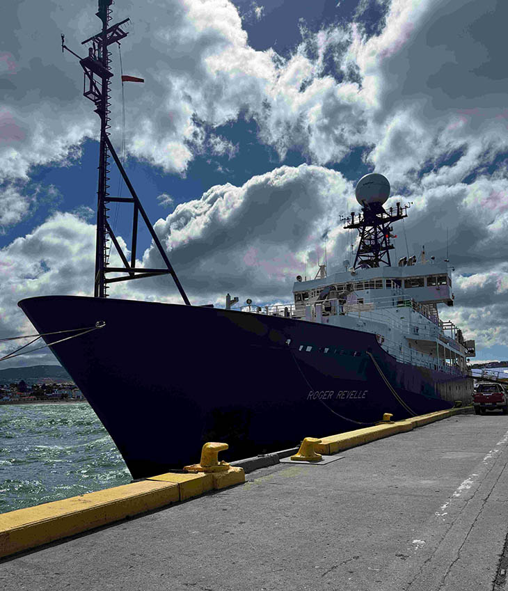 The research vessel Roger Revelle docked in Punta Arenas, Chile.