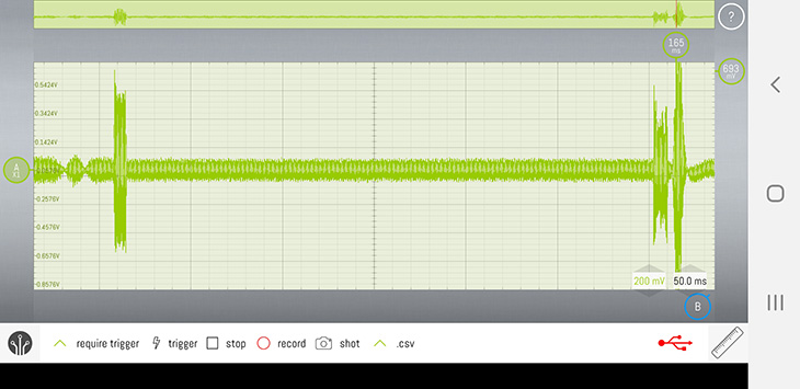 Visualization of recorded signals coming from the two sensors as a car is sliding on top of the incline. The one on the left is smaller as the car just start to slide, while the one on the right is larger due to car’s speed.
